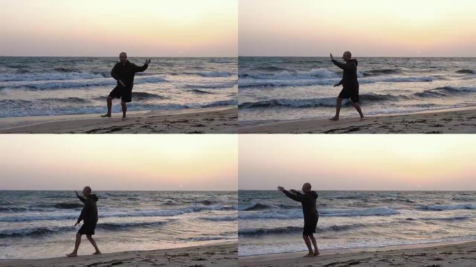 男子在海边训练中国武术太极拳，傍晚天空背景