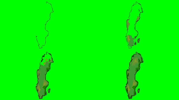 瑞典在绿屏孤立白板上绘制彩色地图