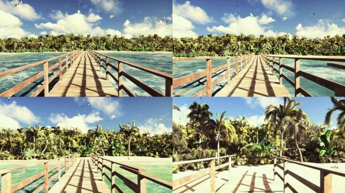 相机飞过热带岛屿上的一座木桥，那里有异国情调的白色海滩。绿色的棕榈树，蓝色的天空和太阳