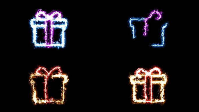 发光能量光环中的节日礼物标志轮廓。两种颜色可供选择