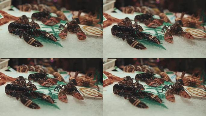 活龙虾躺在市场的柜台上，特写镜头