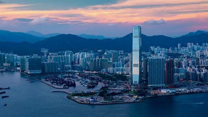 香港美丽的西九龙日落-时间流逝