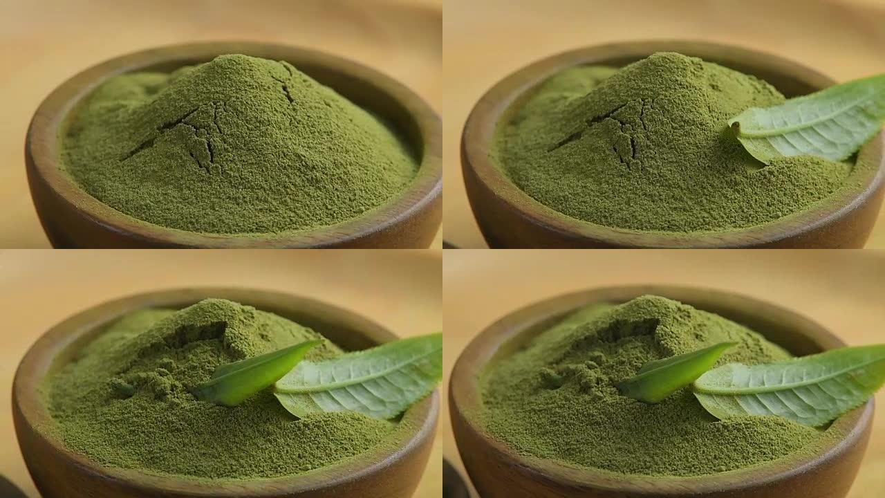 木碗中的绿茶粉