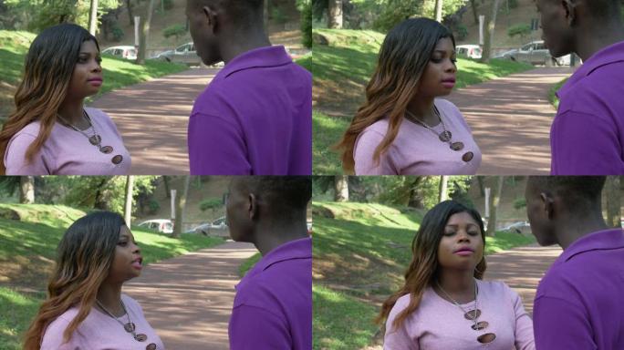 分手，争论。年轻的美国非洲夫妇在公园里争吵