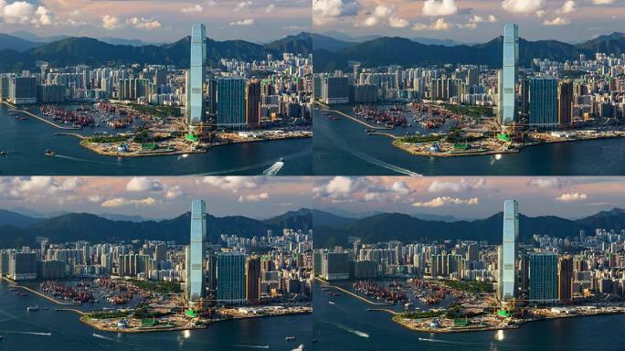 香港美丽的西九龙日落-时间流逝