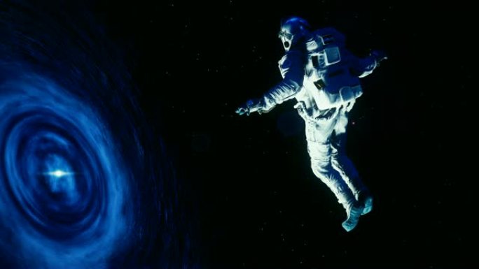 宇航员被吸入一个巨大的黑洞。循环动画。