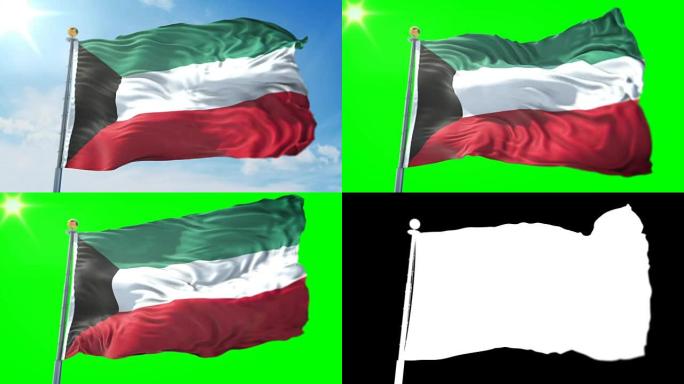 科威特国旗无缝循环3D渲染视频。美丽的纺织布织物环摆动