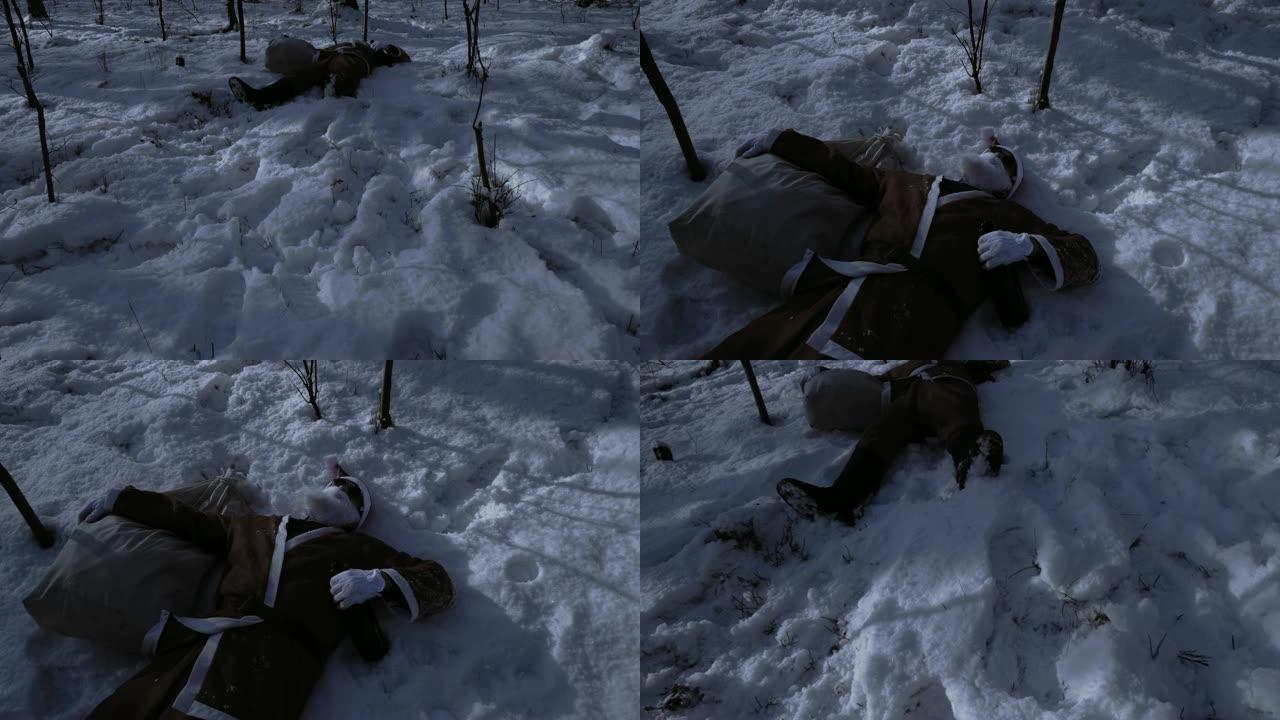 晚上躺在森林里拿着瓶子喝醉的圣诞老人。