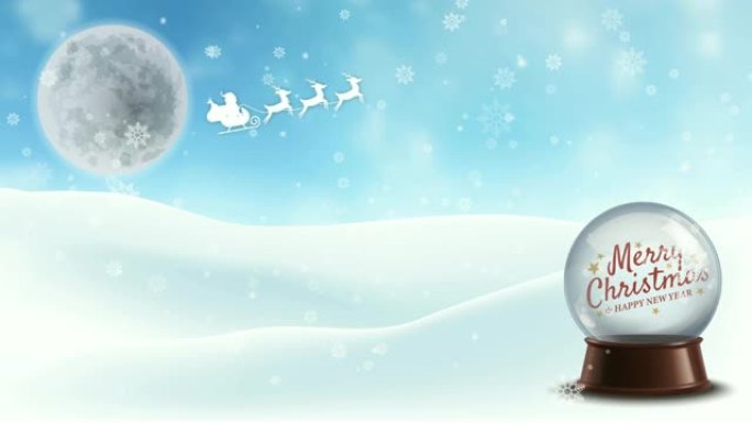 圣诞巨蛋在雪地上，飞翔的圣诞老人和鹿在大月亮前