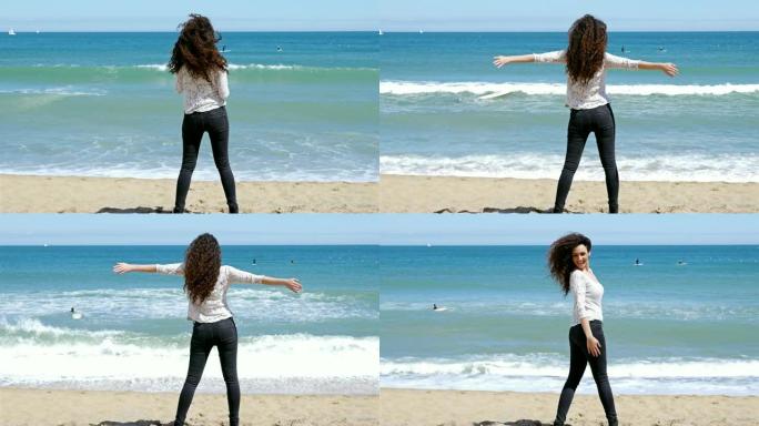 漂亮的年轻女子在海边奔跑，享受夏日的阳光