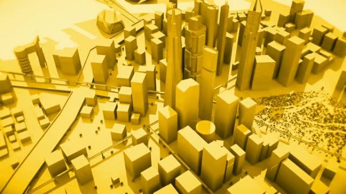 相机在黄色城市建筑物周围循环移动的抽象动画。