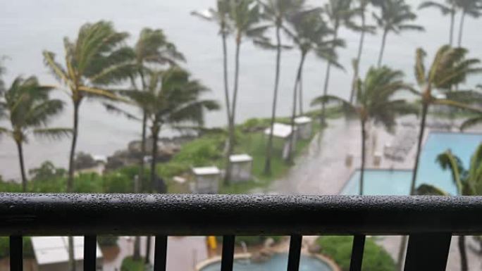 观看飓风期间酒店扶手上的雨水