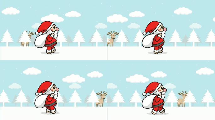 圣诞老人动画无缝循环。卡通圣诞老人与礼品袋走在雪林与冬季景观，雪落，驯鹿在背景。圣诞快乐镜头背景