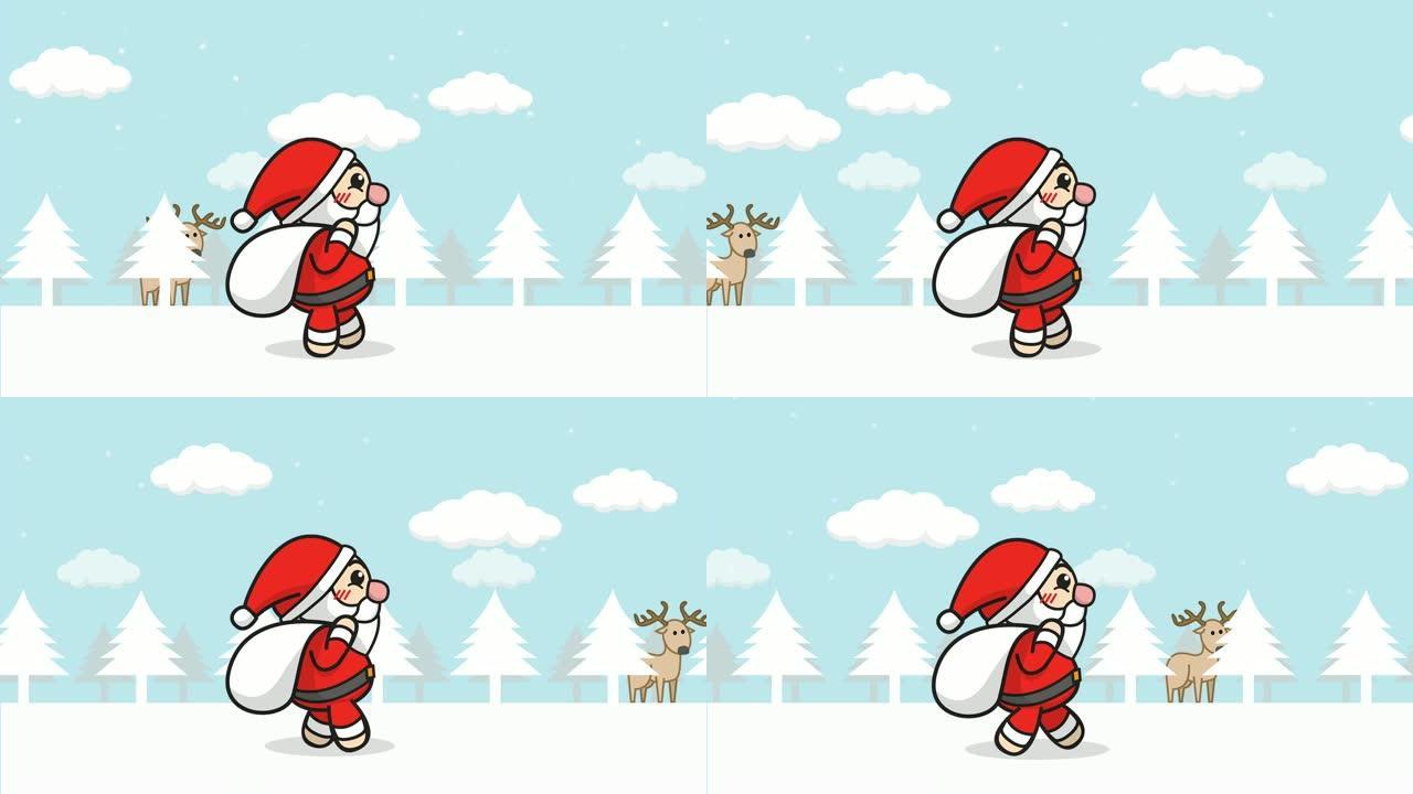 圣诞老人动画无缝循环。卡通圣诞老人与礼品袋走在雪林与冬季景观，雪落，驯鹿在背景。圣诞快乐镜头背景