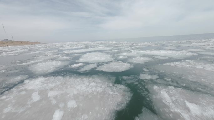 青海湖冰面 穿越机 航拍 冲击感 贴水飞