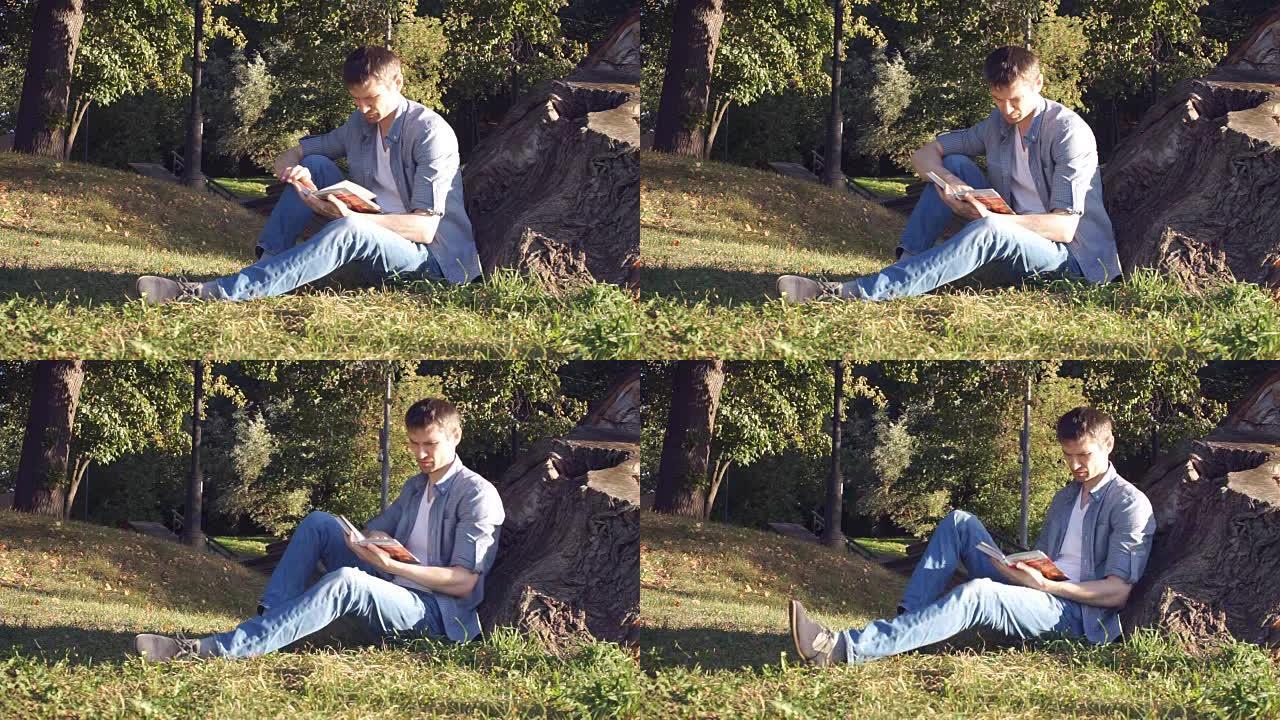 专注的人坐在草地上看书