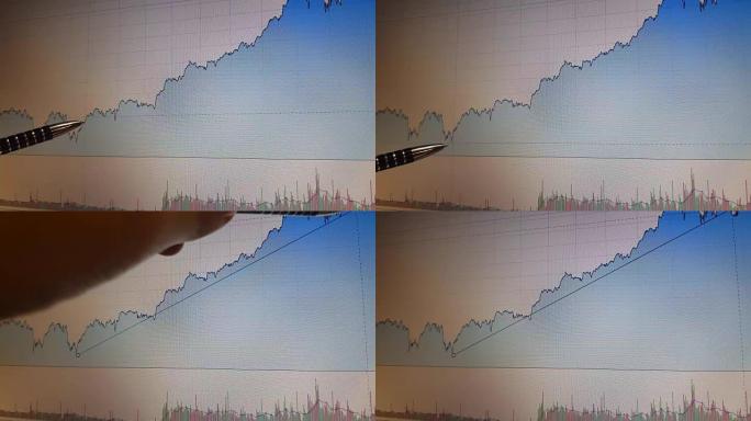 笔尖在显示器屏幕上显示投资分析图表