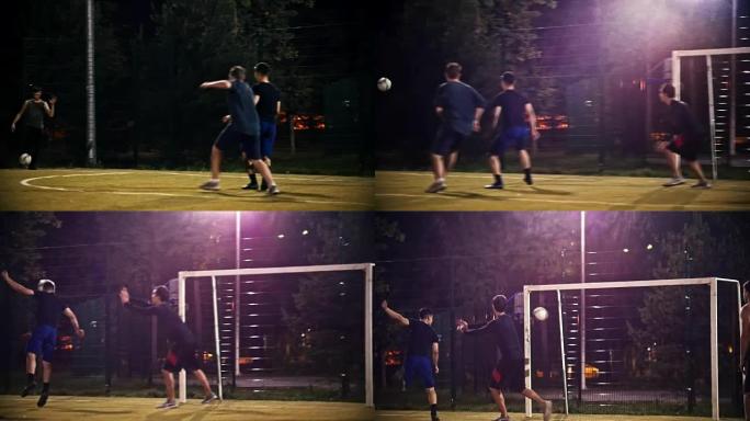 年轻人踢了一个球，球飞过其他足球运动员，经过大门，夜间射击足球比赛