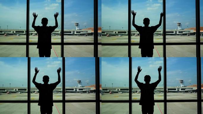 年轻的亚洲男子说嗨，你好，早上好或再见，并在机场，飞机，概念的背景下挥手: 新业务，旅行，交流。