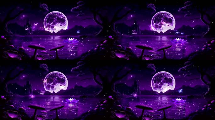 紫色唯美月亮湖面