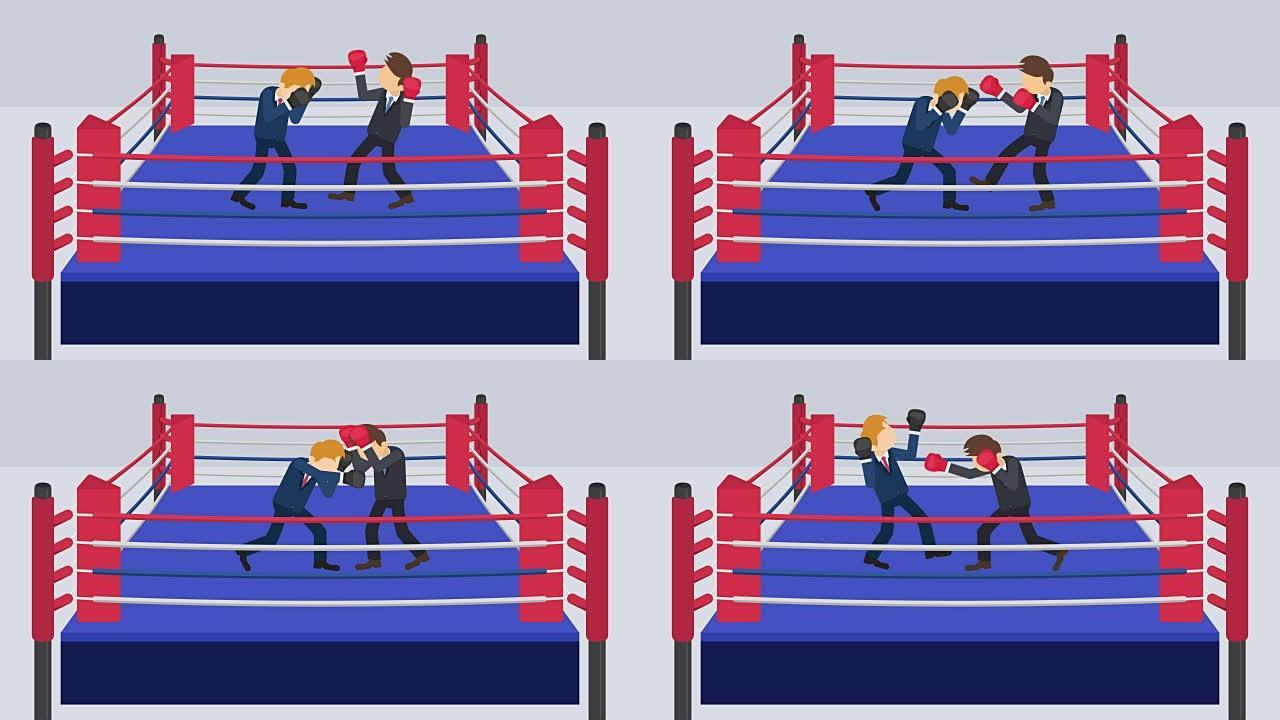 商人在拳击手套中战斗。商业竞争理念。平面风格的循环插图。