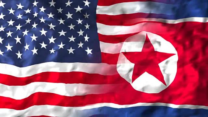 美国和朝鲜国旗。慢镜头动画