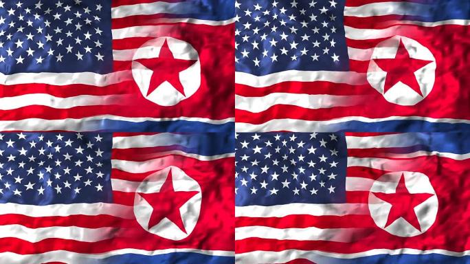 美国和朝鲜国旗。慢镜头动画