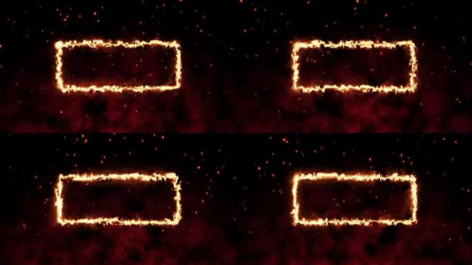 4k火闪闪发光的发光框架，在黑暗背景和红色热背景下有复制空间。运动图形和动画壁纸。
