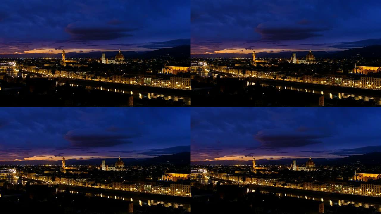 阿诺河上佛罗伦萨城市景观的夜景