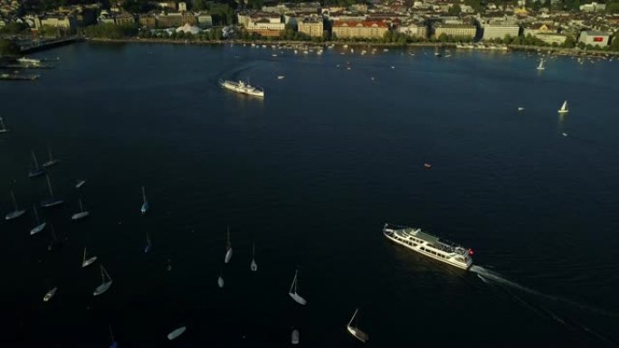 日落时间苏黎世市湖轮渡乘坐空中全景4k瑞士