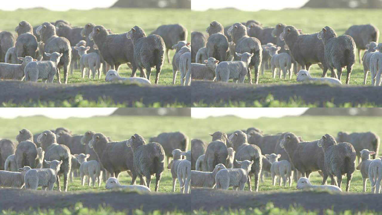 在澳大利亚农场放牧的绵羊，慢动作
