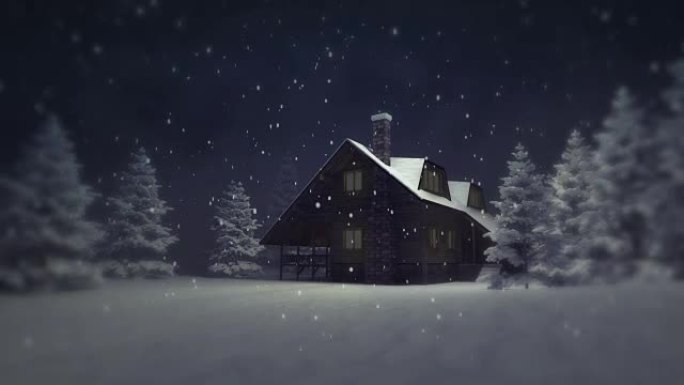 夜间降雪在白雪皑皑的森林中点燃的小屋