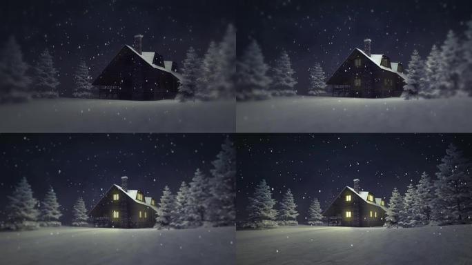 夜间降雪在白雪皑皑的森林中点燃的小屋