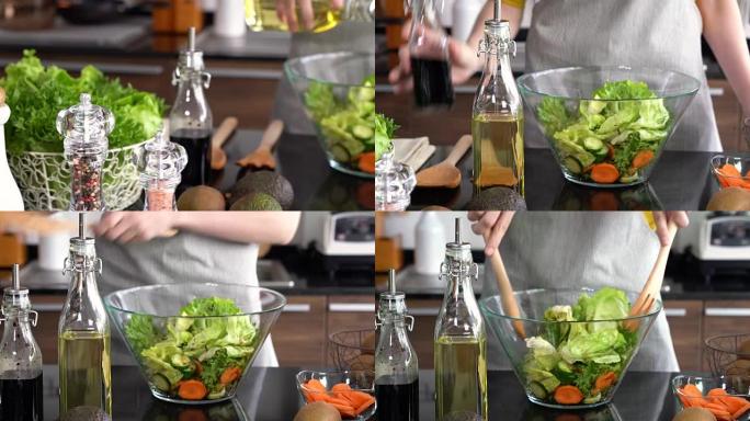 年轻女子在厨房做沙拉