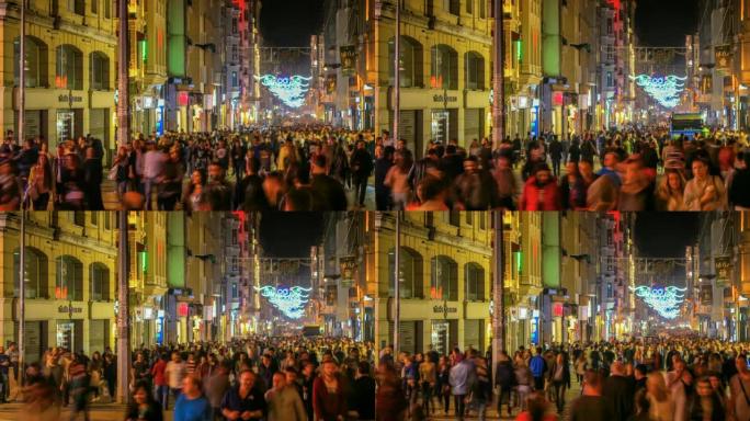 伊斯坦布尔塔克西姆伊斯蒂克拉尔街晚上的热门旅游目的地。延时视频