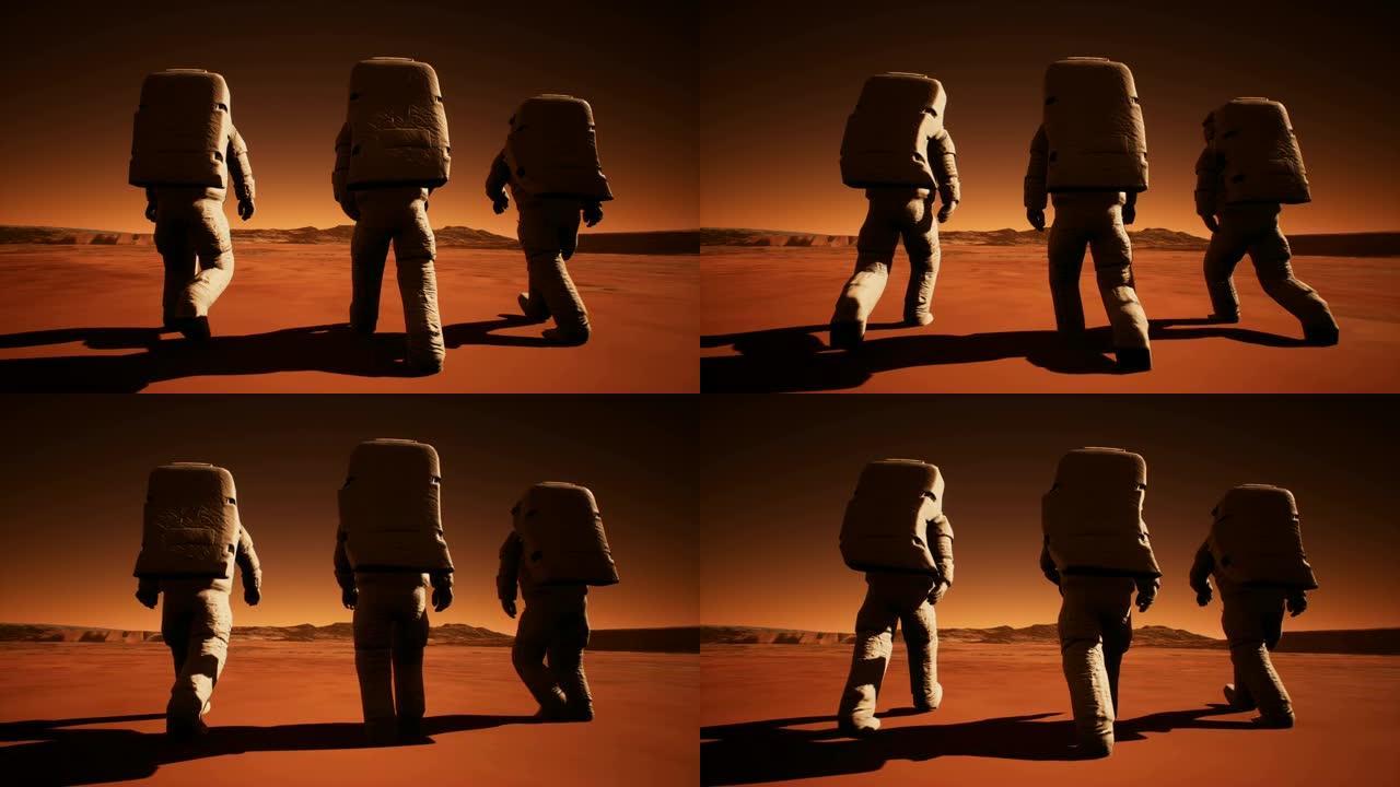 三名穿着宇航服的宇航员自信地在火星上行走以寻找生命