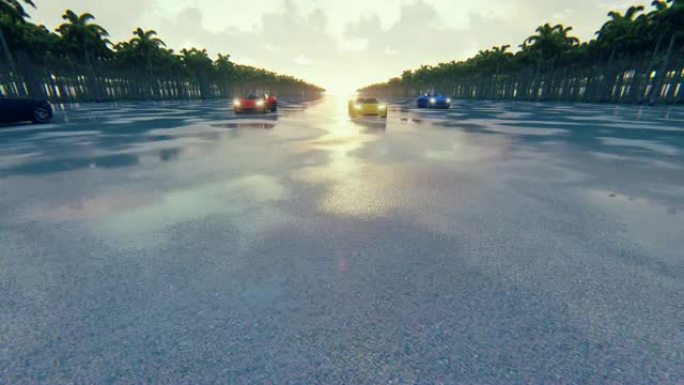 热带地区日落时的赛车。逼真的4k动画。