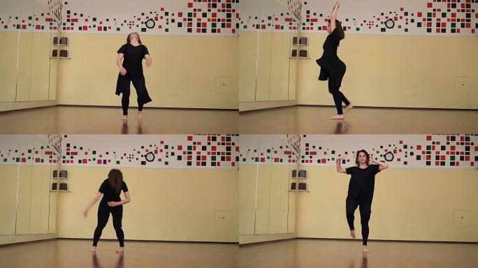 一位身穿黑衣的职业舞女在大型训练馆跳舞