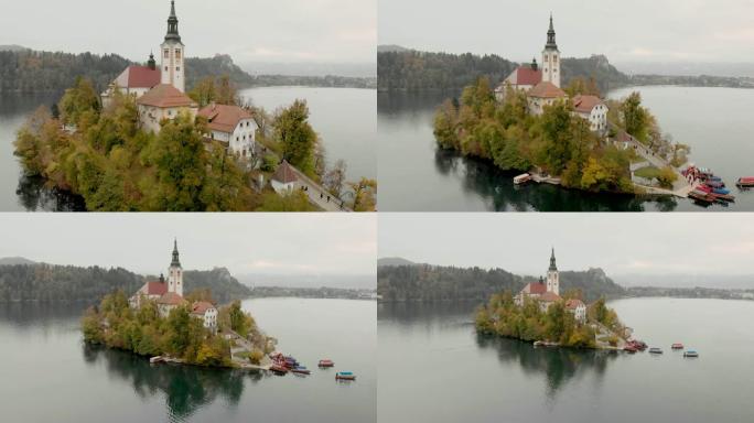斯洛文尼亚秋天的布莱德湖与布莱德岛和布莱德城堡的航拍镜头