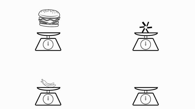 关于食物健康和美容概念的4k图形，以显示动画图标并检查体重和卡路里汉堡包和香蕉的平均水平每天使用卡路