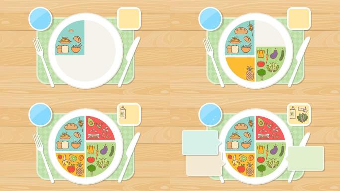 素食主义者吃得饱盘子和健康饮食，菜肴和餐桌上的食物图标