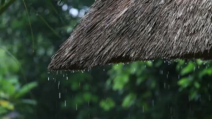 热带夏季雨水落在花园的稻草屋顶上。印度尼西亚巴厘岛
