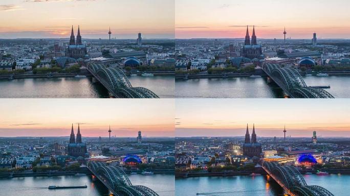 科隆城市天际线的昼夜时间流逝