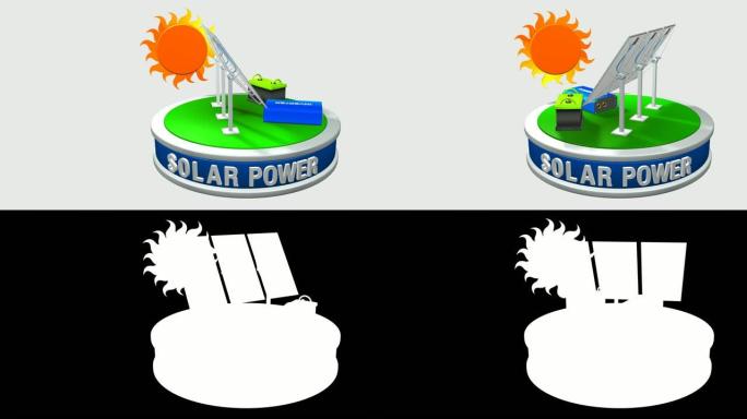 由3个太阳能电池板，逆变器和电池组成的太阳能设备的3D动画，与太阳一起旋转360度-可再生能源