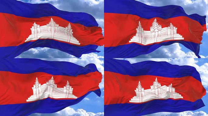 在柬埔寨蔚蓝的天空中挥舞着旗帜