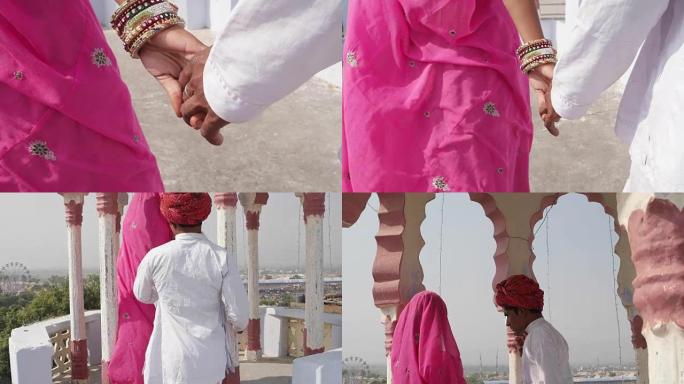 手持拍摄的美丽的印度夫妇在普什卡尔，拉贾斯坦邦，印度