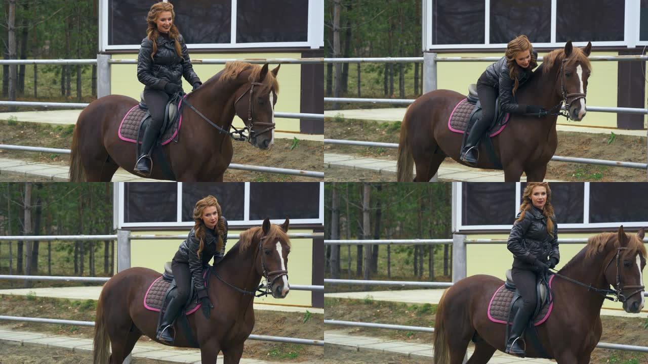 年轻女子，有着美丽的棕色头发，骑着一匹棕色的马。