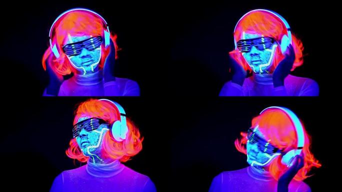 女人用紫外线半机械人的脸漆，假发，发光的眼镜，服装跳舞，用耳机听音乐。亚洲女人。。