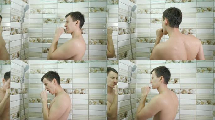 年轻的肌肉男洗了个澡。