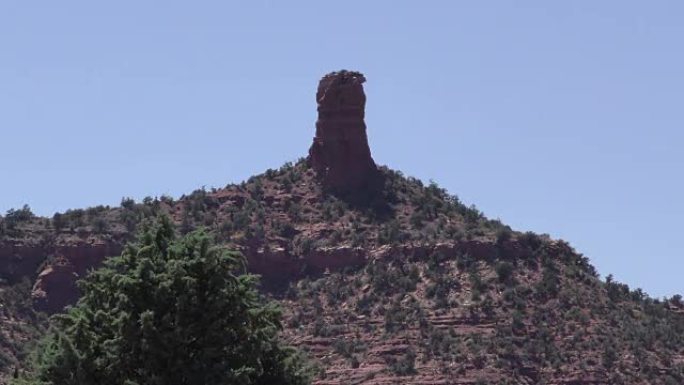 亚利桑那州，塞多纳，放大了烟囱岩石，前景是一棵树